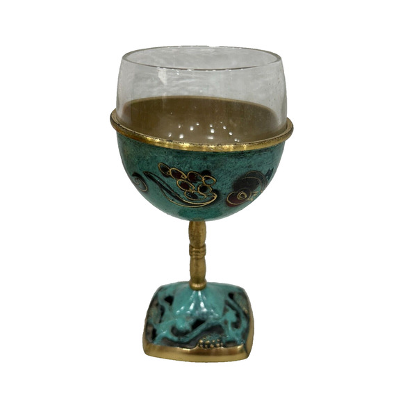 Vintage Enamel On Brass And Glass Insert Kiddish Cup Made in Israel